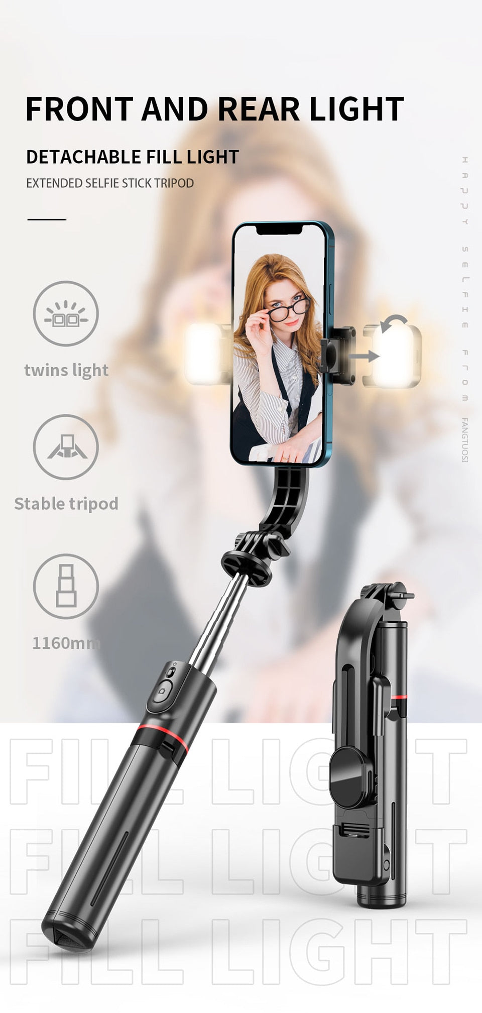 Selfie Stick Bluetooth Fill Light Tripod With Remote 1160mm
