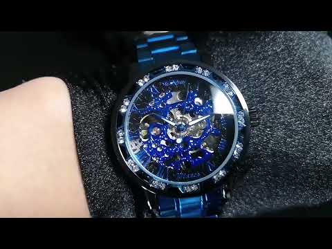 Transparent Diamond Mechanical Blue Stainless Steel Skeleton Watch