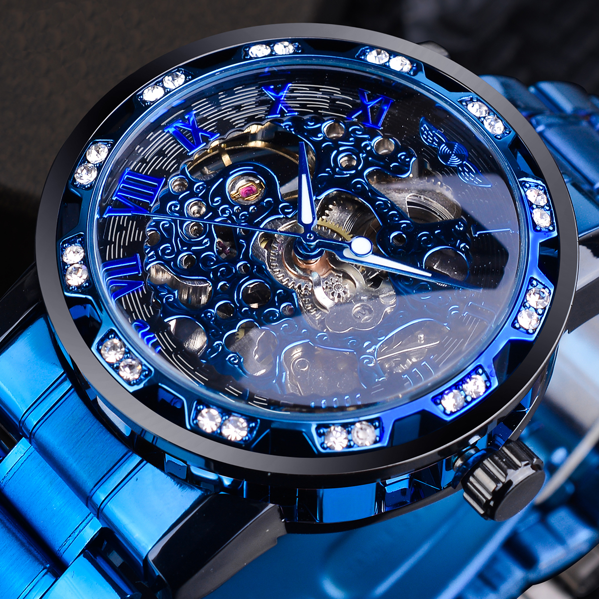 Transparent Diamond Mechanical Blue Stainless Steel Skeleton Watch