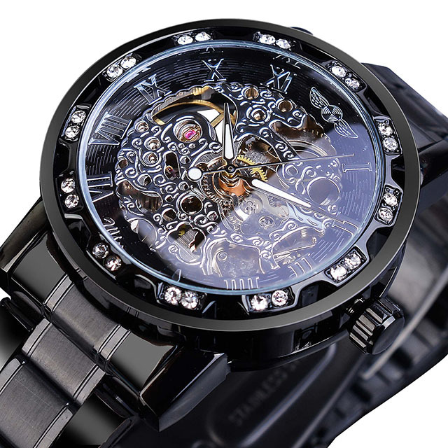 Transparent Diamond Mechanical Blue Stainless Steel Skeleton Watch