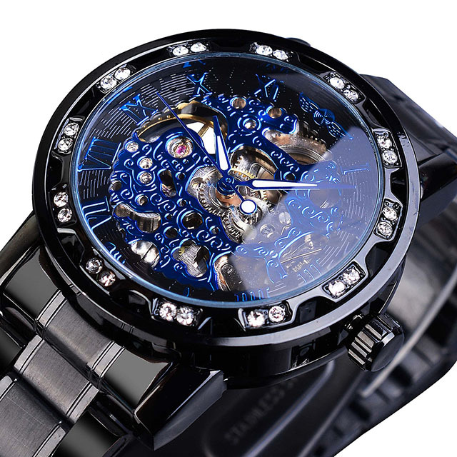 Transparent Diamond Mechanical Blue Stainless Steel Skeleton Watch