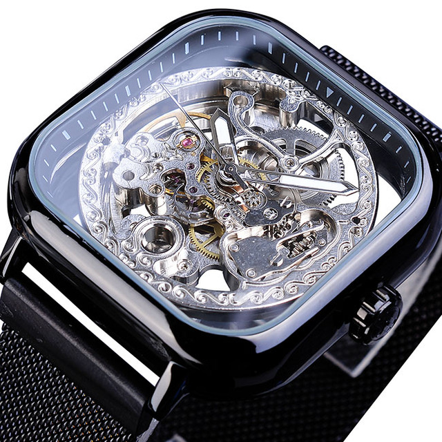 Golden Transparent Automatic Mechanical Self-Wind Skeleton Steel Mesh Watch