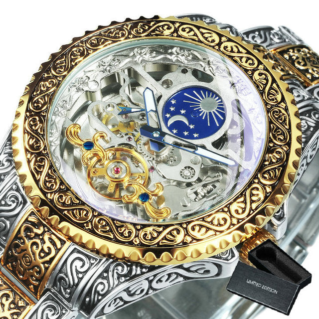 Automatic Tourbillon Engraved Vintage Moon Phase Mechanical Luminous Skeleton Dial Watch