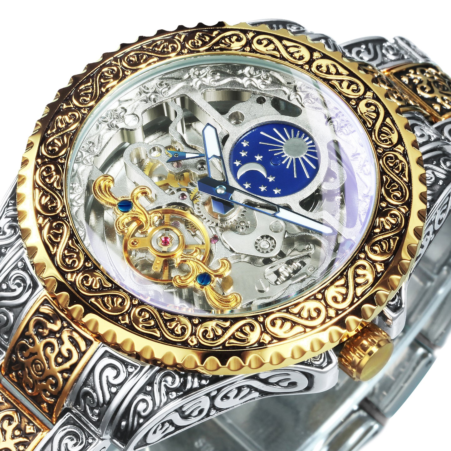 Automatic Tourbillon Engraved Vintage Moon Phase Mechanical Luminous Skeleton Dial Watch