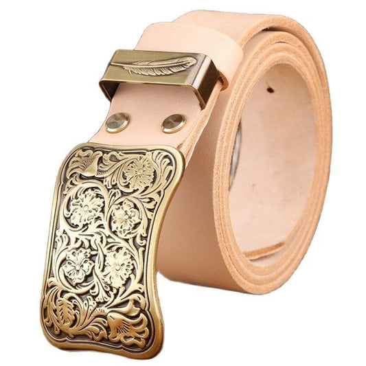 Genuine Full Grain Cowhide Leather Solid Brass Flower Buckle Belt