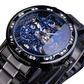 Transparent Diamond Mechanical Blue Stainless Steel Skeleton Watch
