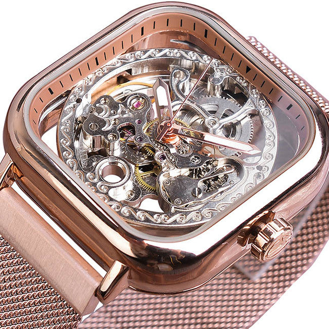 Golden Transparent Automatic Mechanical Self-Wind Skeleton Steel Mesh Watch