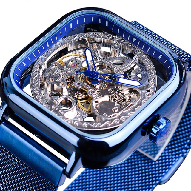 Golden Transparent Automatic Mechanical Self-Wind Skeleton Steel Mesh Watch