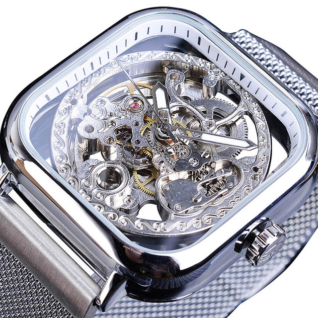 Golden Transparent Automatic Mechanical Self-Wind Skeleton Steel Mesh Watch