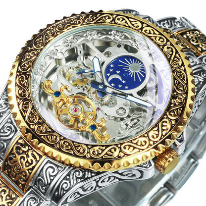 Automatic Tourbillon Engraved Vintage Moon Phase Mechanical Luminous Skeleton Dial Watch
