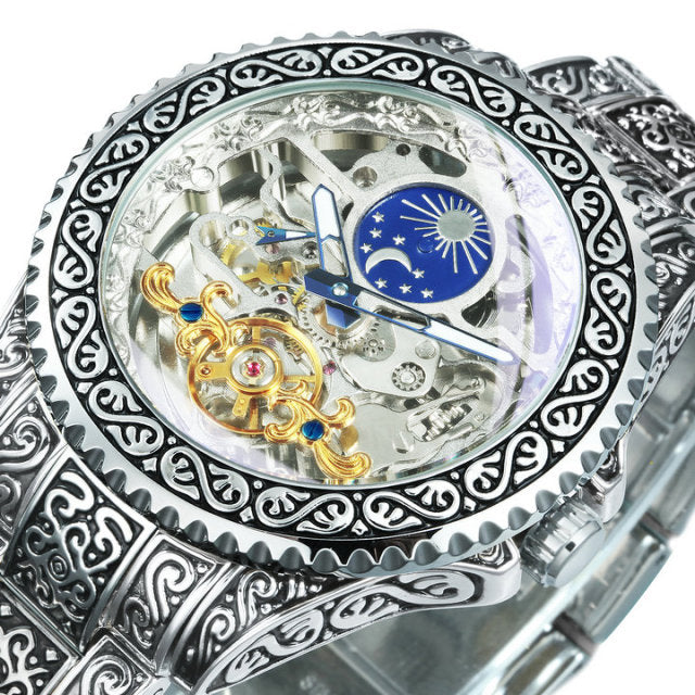 Automatic Tourbillon Engraved Vintage Moon Phase Mechanical Luminous Skeleton Dial Watch