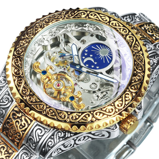 Automatic Tourbillon Engraved Vintage Moon Phase Mechanical Luminous Skeleton Dial Watch