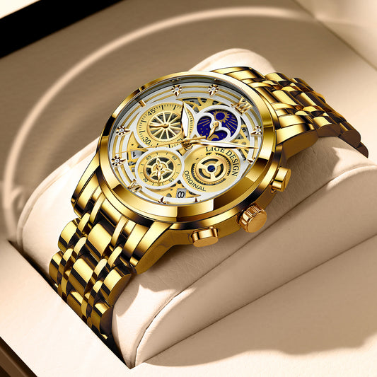 Gold Stainless Steel Quartz Men Waterproof Chronograph Watch