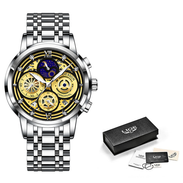 Gold Stainless Steel Quartz Men Waterproof Chronograph Watch