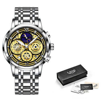 Gold Stainless Steel Quartz Men Waterproof Chronograph Watch