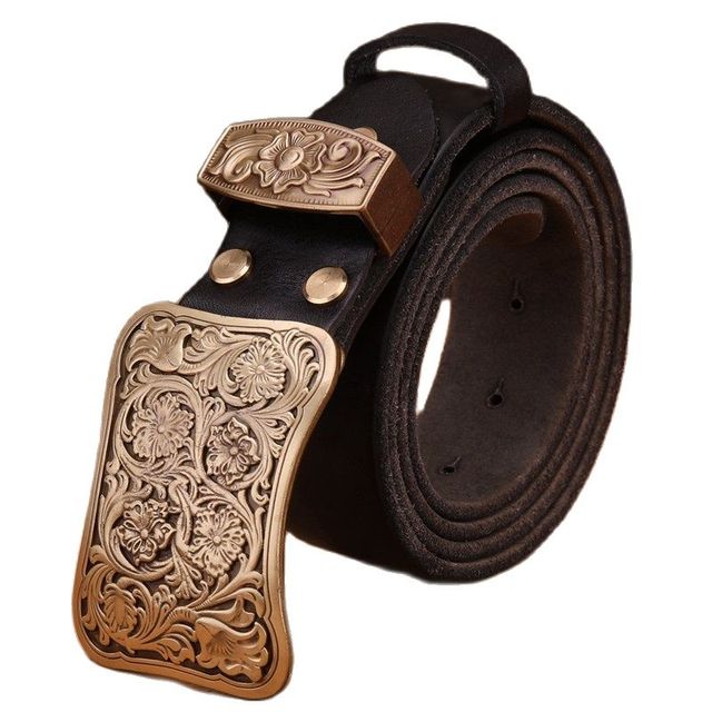 Genuine Full Grain Cowhide Leather Solid Brass Flower Buckle Belt