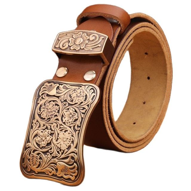 Genuine Full Grain Cowhide Leather Solid Brass Flower Buckle Belt